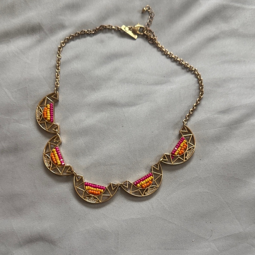 Gold-Tone Pink & Orange Beaded Scallop Necklace